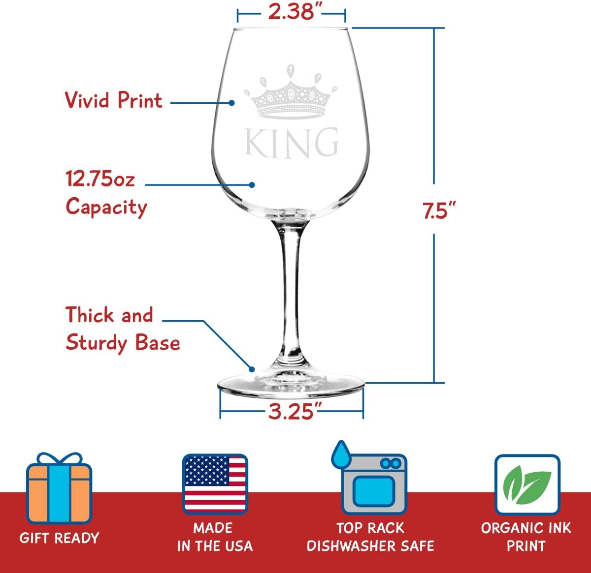 King and Queen Wine Glass Gift Set of 2 (12.75 oz) | Fun Novelty His and Hers or Husband Wife Drinkware | Couple, Newlywed| Wedding or Favorite Couples Gift | USA Made