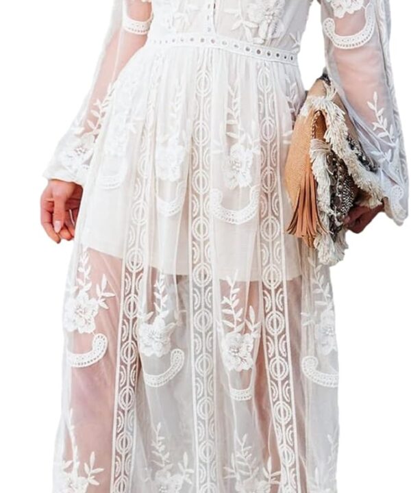 Womens Deep V Neck Short Sleeve Floral Lace Dress Long Bridesmaid Maxi Dresses