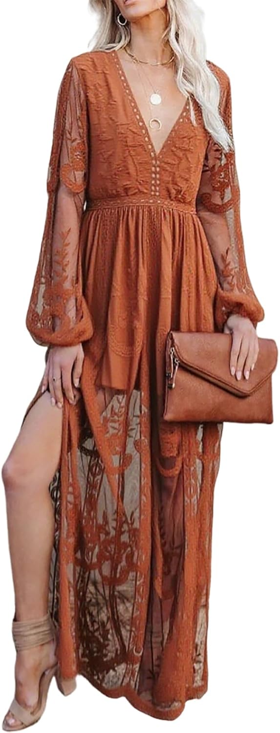 LRISES Womens V Neck Floral Embroidered Lace Wedding Maxi Dress Boho Short Sleeve Slit Bridesmaid Evening Party Dresses