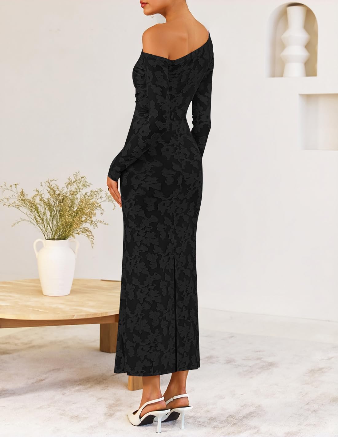 ZESICA Women’s Fall Floral Off Shoulder Bodycon Maxi Dresses 2025 Long Sleeve Ruched Elegant Cocktail Party Dress