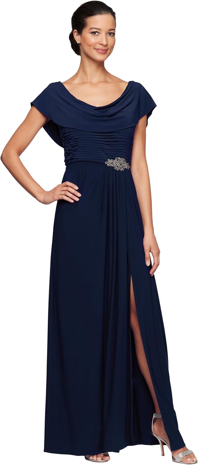 Alex Evenings Womens Long Cowl Neckline Mother of The Bride Dress, Formal Event Gown (Petite and Regular Sizes)