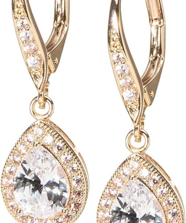 Anne Klein "Classics" Gold-Tone Cubic Zirconia Leverback Pear Shape Drop Earrings