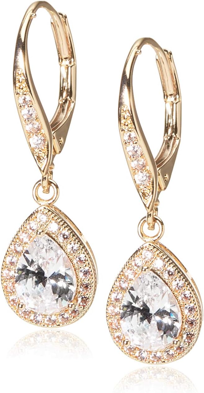 Anne Klein "Classics" Gold-Tone Cubic Zirconia Leverback Pear Shape Drop Earrings