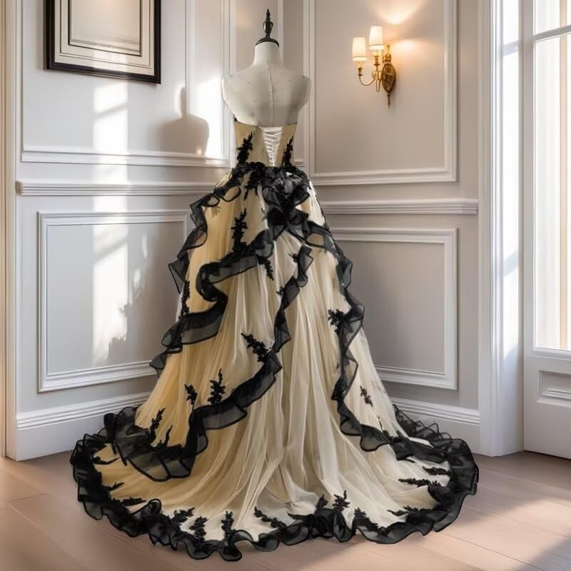 Mouccy Gothic Black Lace Wedding Dresses for Bride Strapless Tulle Bridal Gowns with Train A-line Wedding Gown with Ruffles