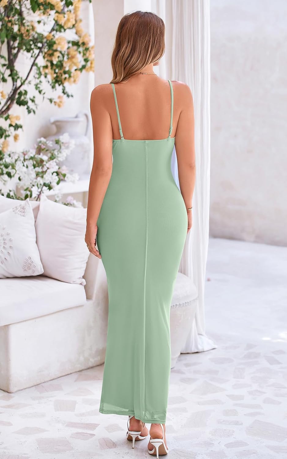 PRETTYGARDEN Women’s 2025 Summer Maxi Dress Spaghetti Strap Mesh Slip Bodycon Dress Cowl Neck Cocktail Party Long Dresses