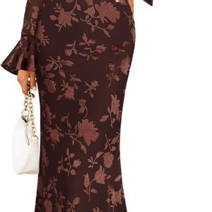 ZESICA Women's 2025 Bell Long Sleeve Floral Maxi Dress Fall Fashion Bodycon Mesh Wedding Guest Cocktail Party Dresses