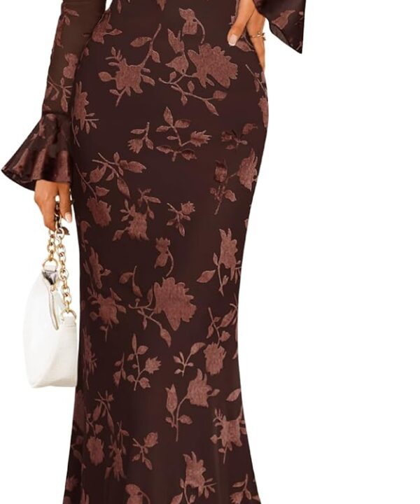 ZESICA Women's 2025 Bell Long Sleeve Floral Maxi Dress Fall Fashion Bodycon Mesh Wedding Guest Cocktail Party Dresses