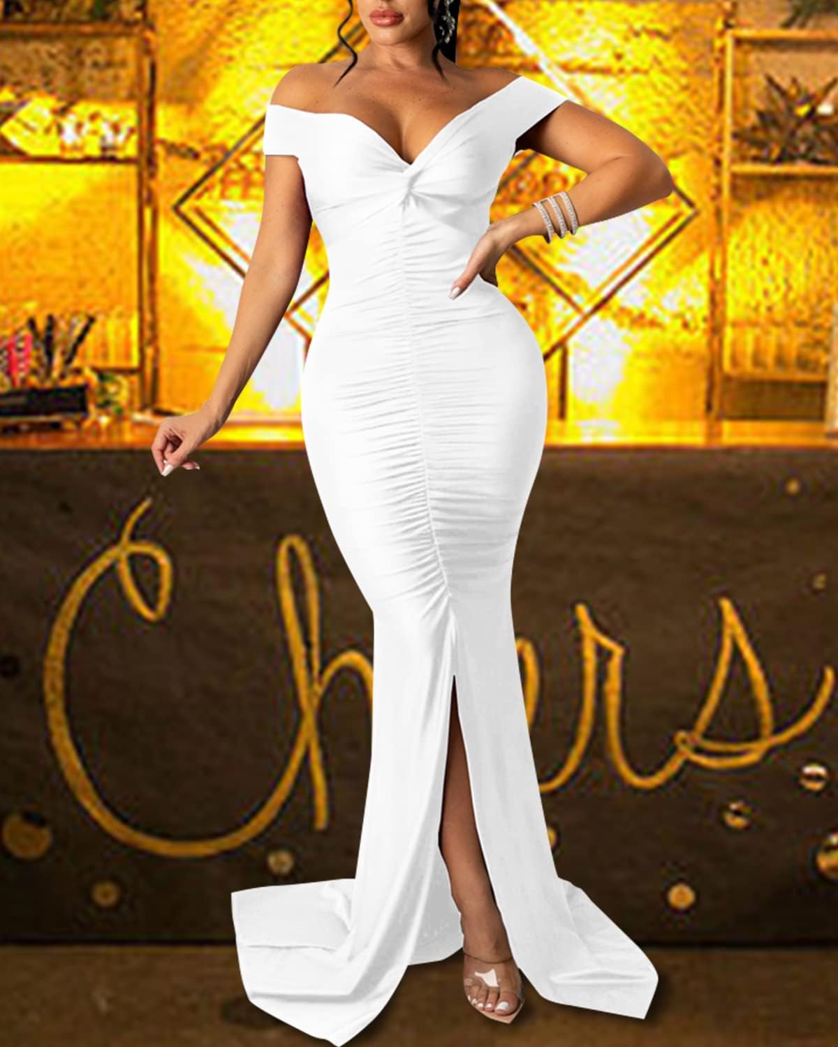 Sexy Formal Dress for Women Ruched Off Shoulder Club Cocktail Bodycon Evening Gown Maxi Long Dresses