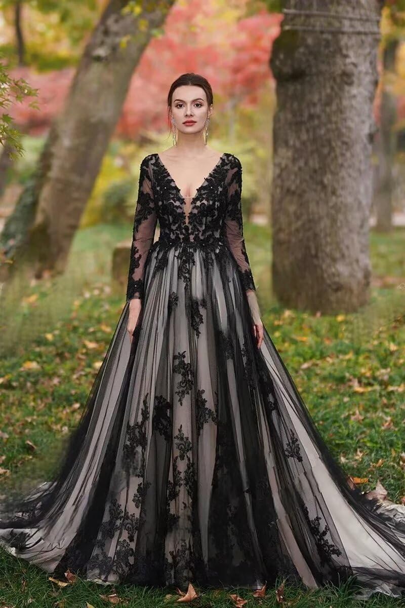Long Sleeves Sweetheart Wedding Dresses for Women Lace Tulle Bridal Gowns with Train Sparkly Black Bridal Dresses