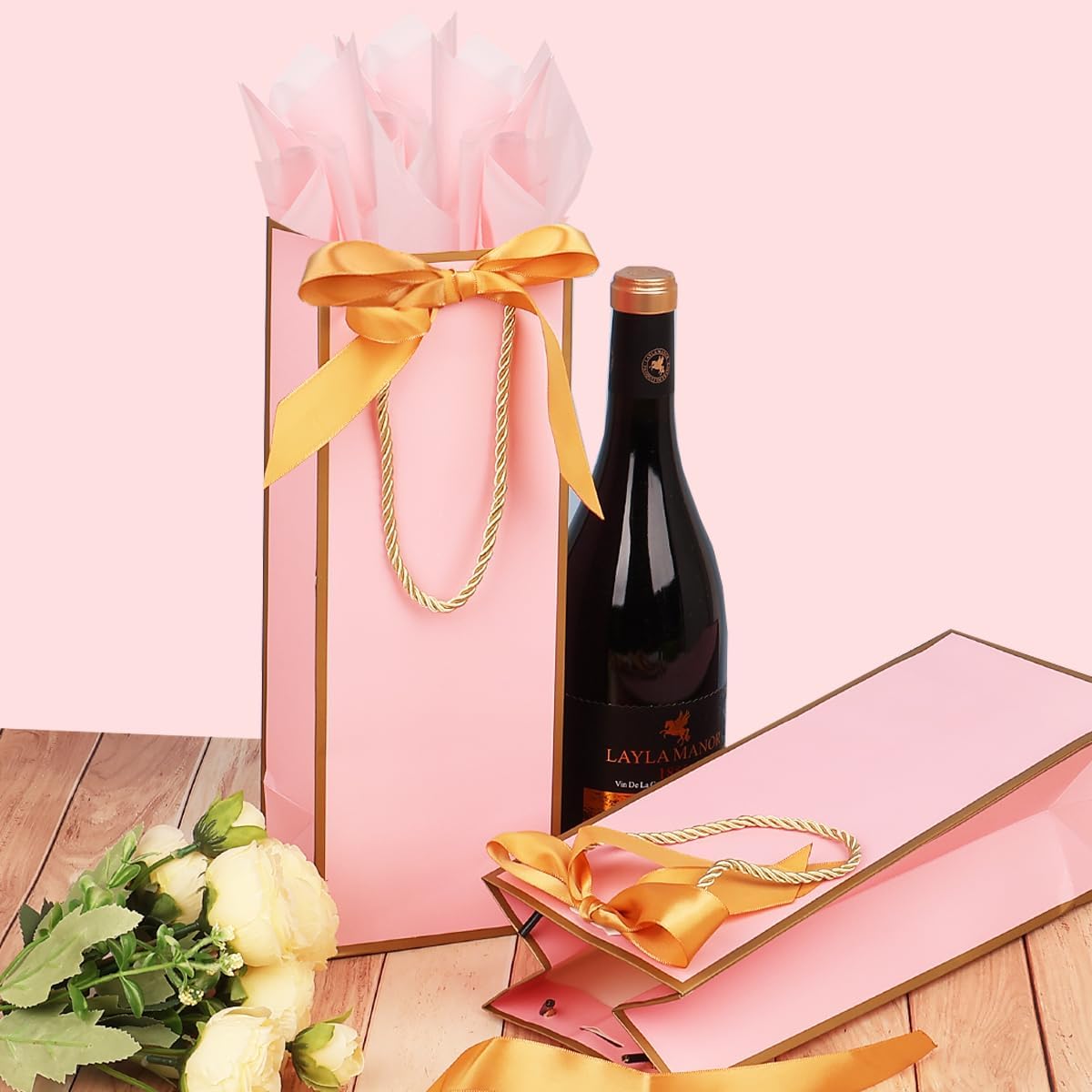 ZJHiome 6 Pack Wine Gift Bags with Tissue Paper Wine Bottle Paper Bags with Bow Ribbon for Wedding Birthday Christmas Retirement Party Supplies (Pink)