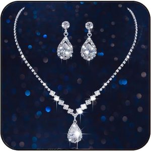 Aukmla Bride Wedding Necklace Earrings Set Silver Rhinestones Necklaces Bridal Crystal Jewelry Accessories for Women (Set of 3)