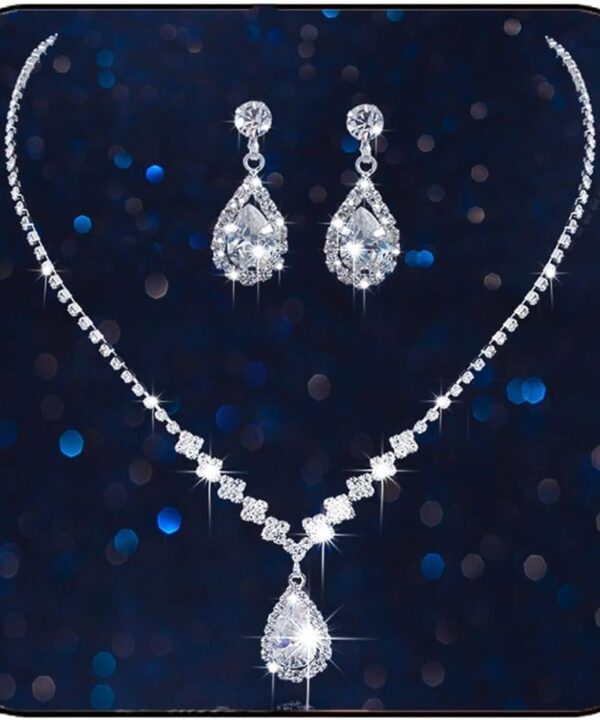 Aukmla Bride Wedding Necklace Earrings Set Silver Rhinestones Necklaces Bridal Crystal Jewelry Accessories for Women (Set of 3)