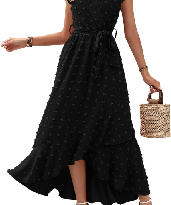 BTFBM Women V Neck Summer Dress 2025 Cap Sleeve Swiss Dot Boho Flowy Ruffle Slit Beach Party Long Maxi Cocktail Dresses