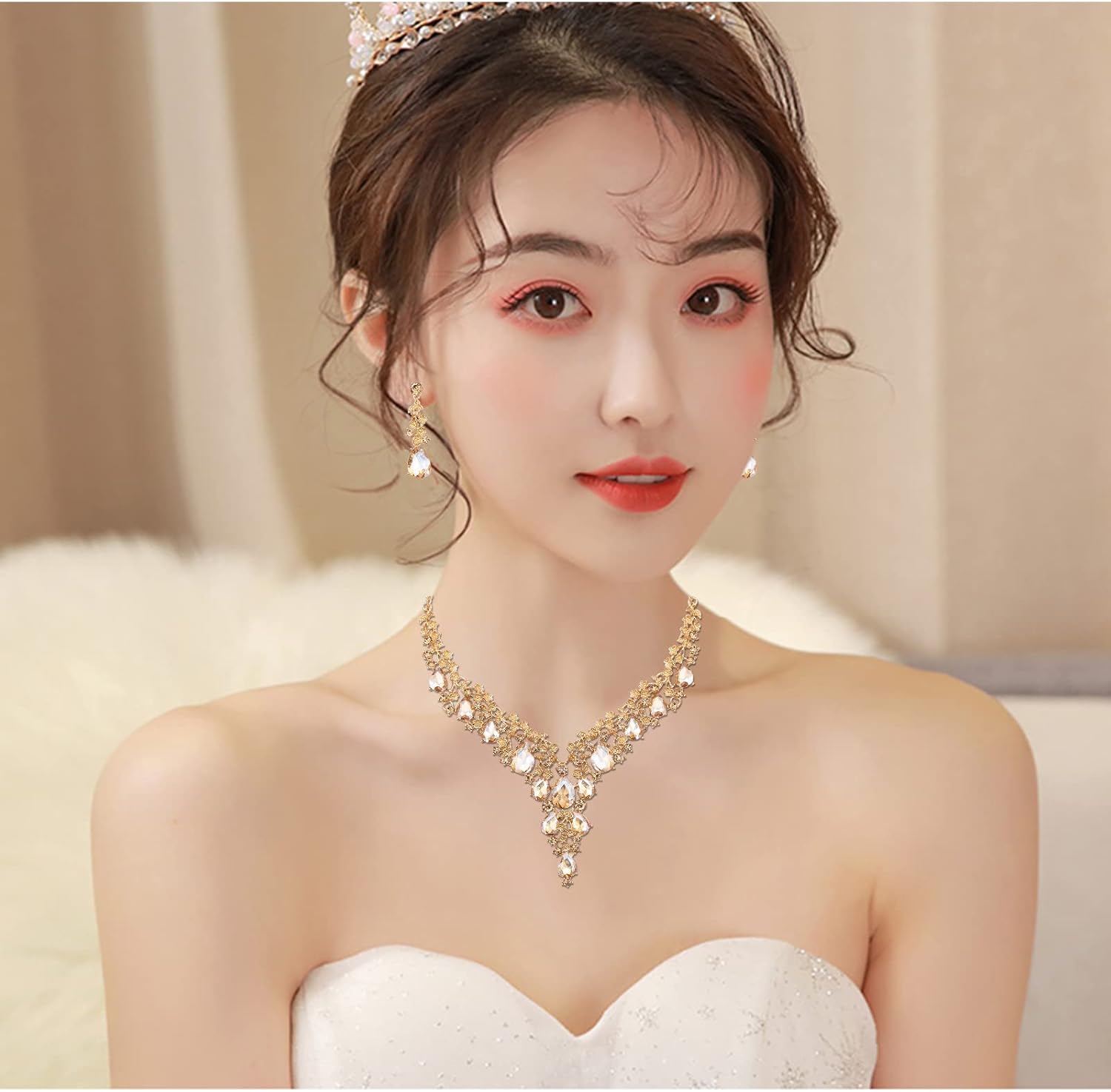 CSY Elegant Crystal Costume Jewelry Sets Flower Bridal Necklace Earrings Stretch Bangle Set for Bride Bridesmaid Wedding Dress Accessories