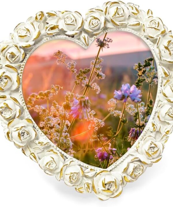 Isaac Jacobs 5x5 White with Gold Heart Shaped Rose Border Resin Frame, Photo Tabletop & Wall Display Hanging Display & Home Décor (5x5, White with Gold)