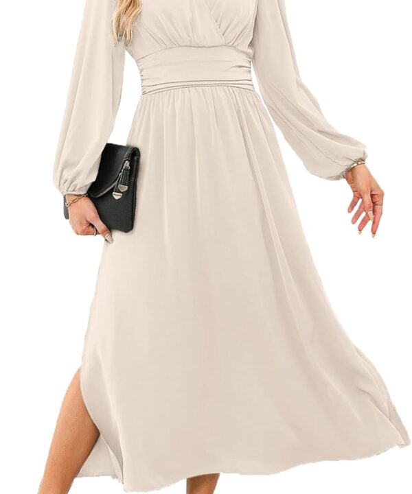 Dokotoo Womens Wrap V-Neck Empire Waist Dress Lantern Sleeve Ruched Side Slit Elegant Maxi Dress