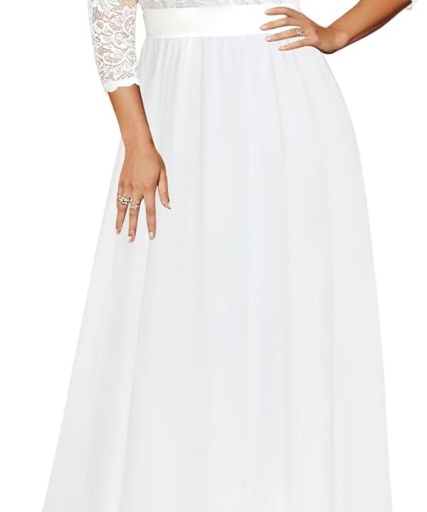 Pinup Fashion Wedding Dresses for Bride Plus Size - Formal Evening Gown Wrap Neck Lace Chiffon Long Dress