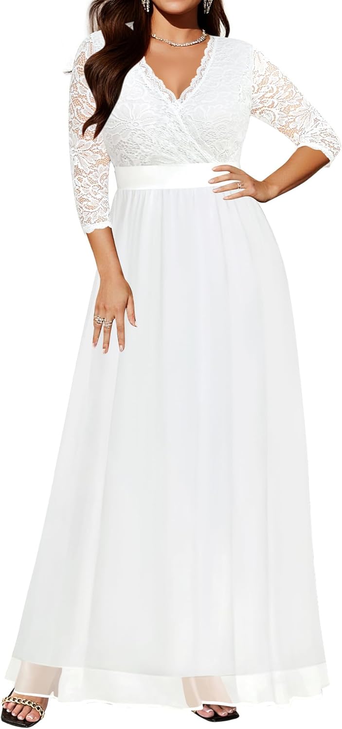 Pinup Fashion Wedding Dresses for Bride Plus Size - Formal Evening Gown Wrap Neck Lace Chiffon Long Dress