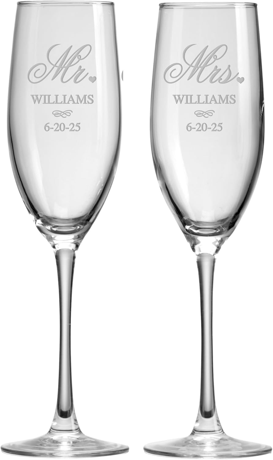 Let's Make Memories Personalized Champagne Flutes - for Weddings or Anniversaries - Set of 2 - Mr. & Mrs. Design - Holds 8 oz
