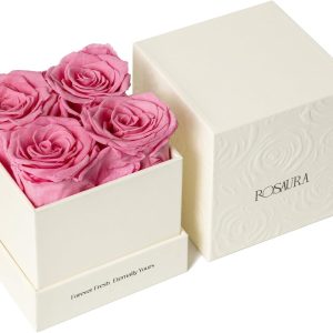 Rosaura 4-Piece Eternal Preserved Roses & Flowers Gift Box - Forever Lasting Real Roses, Preserved Flowers for Valentine's Day Pink