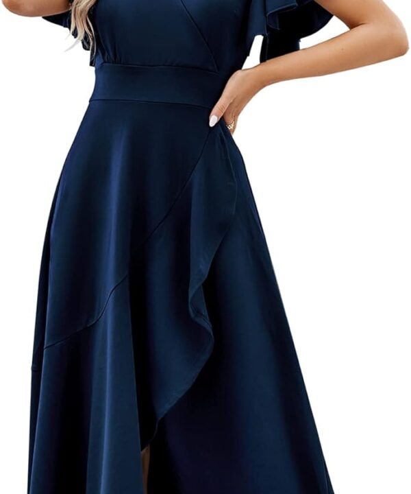 Long Black Formal Dresses for Women Gowns Evening Party Cocktail Dress,Split Elegant V Neck Wrap Ruffle Wedding Guest Dresses