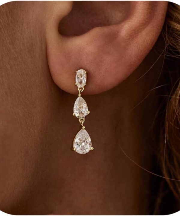 Ewrkbr Dangle Earrings for Women, Elegant Wedding Earrings 14K Gold Plated Long Cubic Zirconia Drop Earrings for Women Trendy Dainty Bridal Earrings Cute Dangly Wedding Jewelry