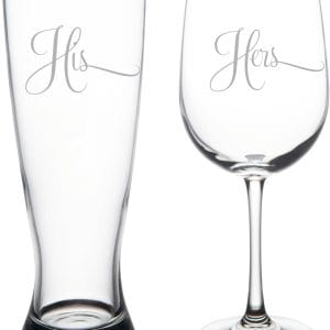 C M - His and Hers Wedding Couple Glass Set - 2 Pieces - 23 oz. Beer Pilsner and 19 oz. Wine Glass - Couple Engagement Anniversary Bridal Gift