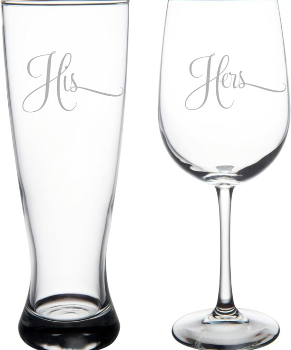 C M - His and Hers Wedding Couple Glass Set - 2 Pieces - 23 oz. Beer Pilsner and 19 oz. Wine Glass - Couple Engagement Anniversary Bridal Gift