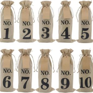 HRX Package 10pcs Burlap Wine Bags with Tags for Blind Wine Tasting, Numbered Hessian Cloth Glass Bottle Gift Bags for Christmas Wedding Party Decoration