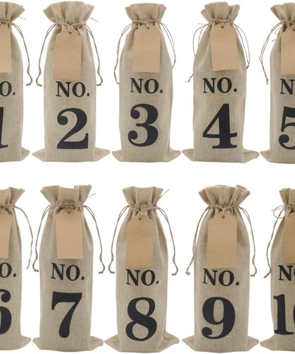 HRX Package 10pcs Burlap Wine Bags with Tags for Blind Wine Tasting, Numbered Hessian Cloth Glass Bottle Gift Bags for Christmas Wedding Party Decoration