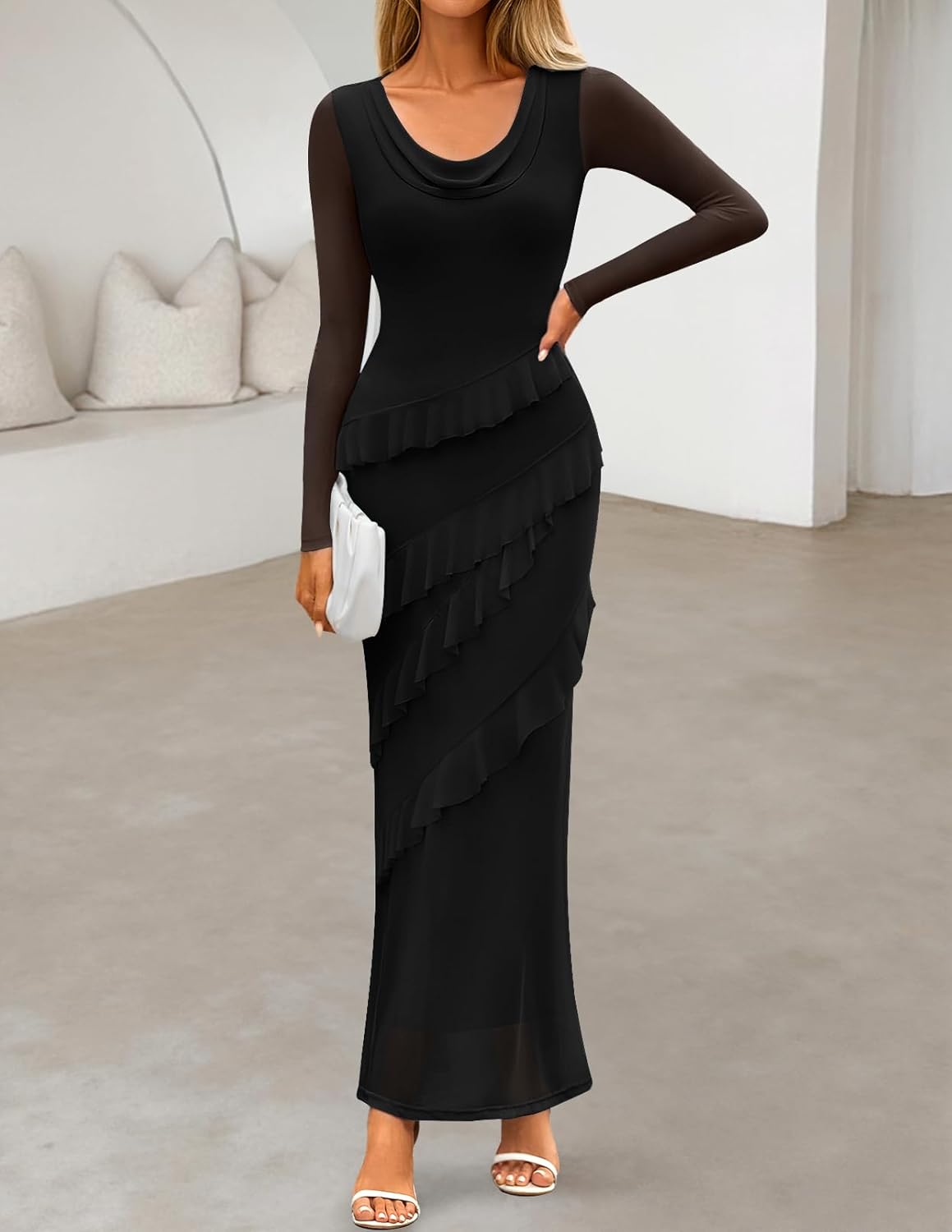 MEROKEETY Womens Fall Floral Long Sleeve Maxi Dress 2025 Cowl Neck Wedding Guest Ruffle Mesh Cocktail Bodycon Formal Dresses