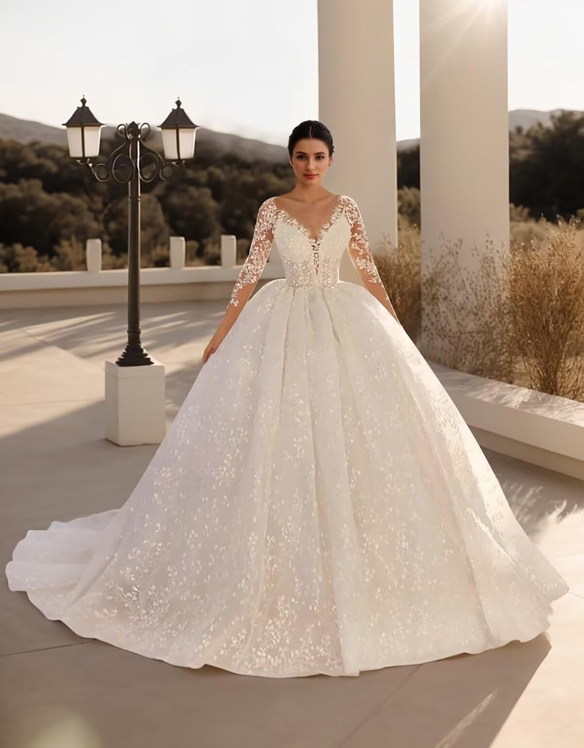 Jamille Women’s Lace Beach Wedding Dresses for Bride 2025 Deep V Neck Long Ball Gowns with Train Sleeve High Waist JA0125