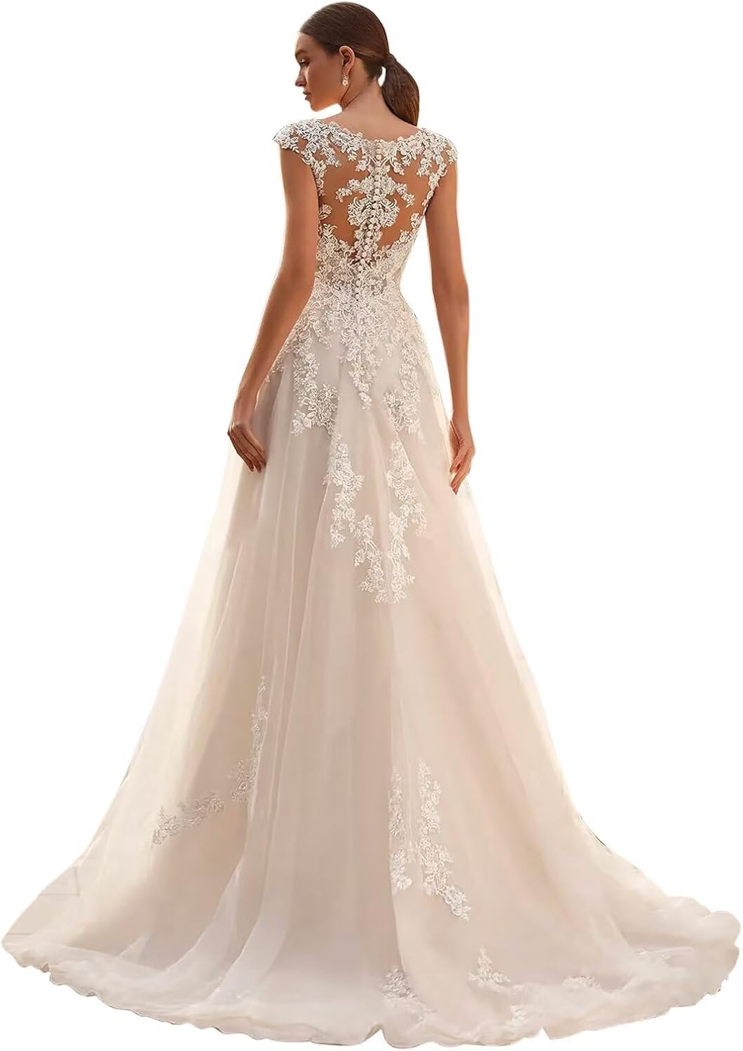 V Neck Wedding Dresses for Bride 2025 Plus Size Tulle A-Line Lace Applique Long Bridal Gowns with Train