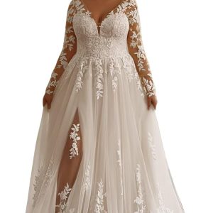 Plus Size Wedding Dresses with Applique V Neck Bridal Gowns for Women Backless Wedding Guest Dresses SA-S01