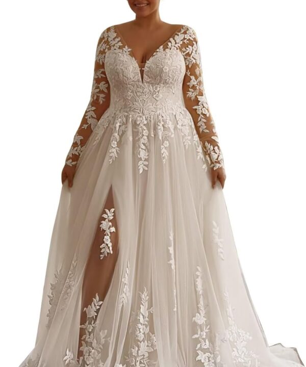 Plus Size Wedding Dresses with Applique V Neck Bridal Gowns for Women Backless Wedding Guest Dresses SA-S01