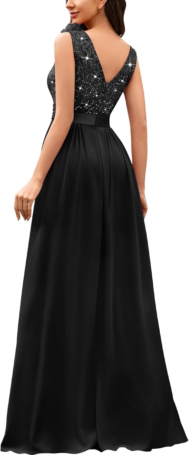 Miusol Womens Vintage V-Neck Sleeveless Sequined Split Formal Evening Maxi Dress