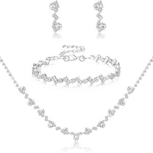 Jstyle Silver Bridal Wedding Jewelry Set Crystal Necklace Bracelet Dangle Earrings Set for Bride Bridesmaid Rhinestone Necklace Prom Costume Jewelry Set Accessories for Women