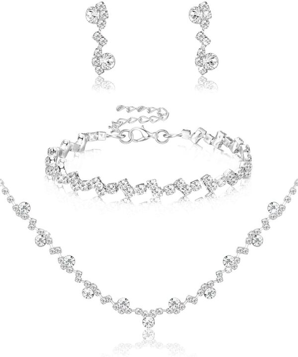 Jstyle Silver Bridal Wedding Jewelry Set Crystal Necklace Bracelet Dangle Earrings Set for Bride Bridesmaid Rhinestone Necklace Prom Costume Jewelry Set Accessories for Women