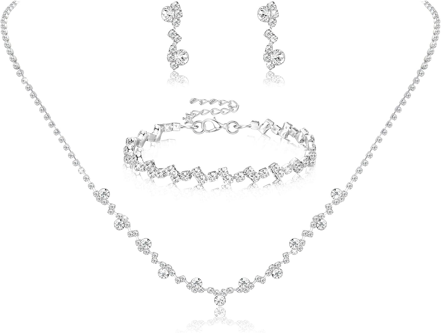 Jstyle Silver Bridal Wedding Jewelry Set Crystal Necklace Bracelet Dangle Earrings Set for Bride Bridesmaid Rhinestone Necklace Prom Costume Jewelry Set Accessories for Women