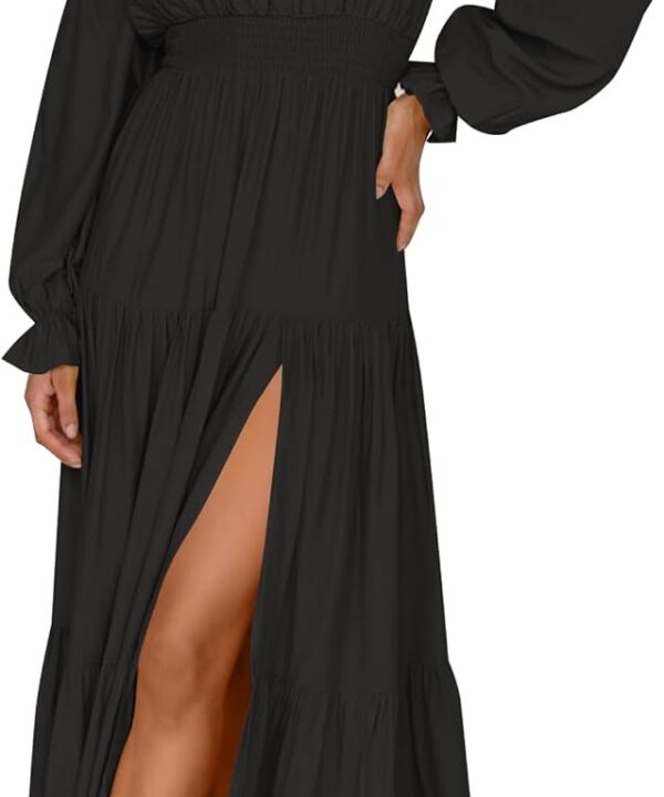 ZESICA Women's 2025 Boho Sexy Off Shoulder Long Sleeve Smocked High Waist Side Split Flowy A Line Tiered Long Maxi Dress