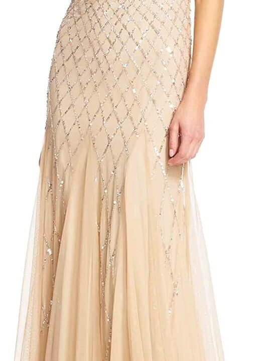 Adrianna Papell Women's Short-Sleeve Grid Beaded Gown