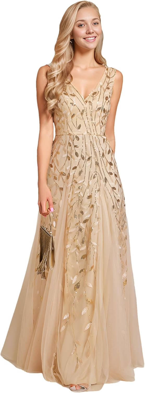 Ever-Pretty Women's Sexy Sleeveless V-Neck Evening Gowns Empire Waist Sequin Embroidery Formal Dress