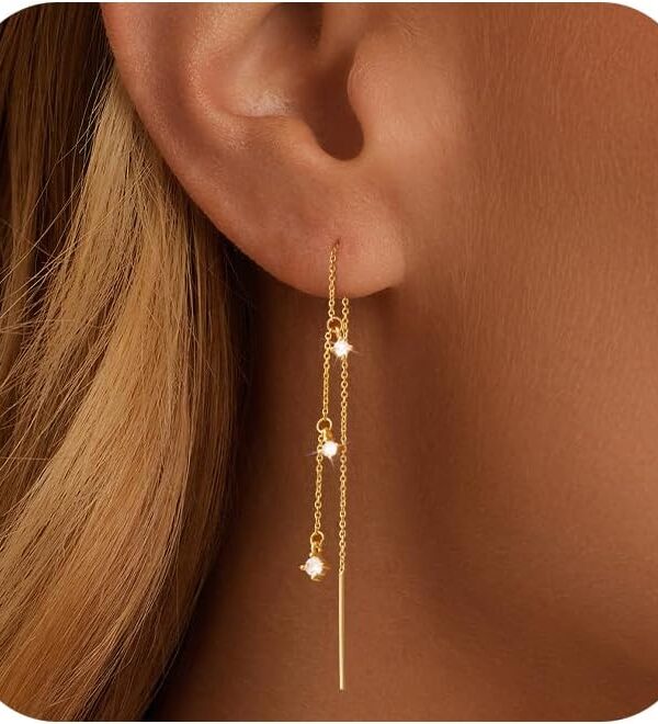 NECOCY Christmas Gift 14K Gold/Silver Plated Dangle Earrings for Women Dainty Long Hanging Chain Earrings Trendy Dangling CZ/Pearl Threader Earrings for Women Jewelry