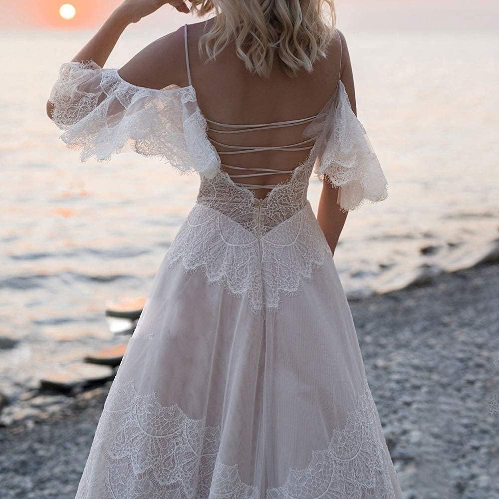 Women’s Wedding Dresses Chic Lace Evening Dresses V Neck Ruffle Sleeves Beachy Boho Outdoorsy Wedding Gowns