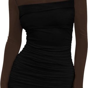 WIHOLL Women's Mesh Sheer Long Sleeve Ruched Mini Dress Sexy Bodycon Mock Neck Cocktail Party Club Dresses 2025
