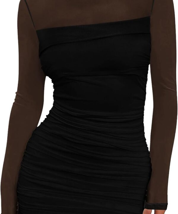 WIHOLL Women's Mesh Sheer Long Sleeve Ruched Mini Dress Sexy Bodycon Mock Neck Cocktail Party Club Dresses 2025