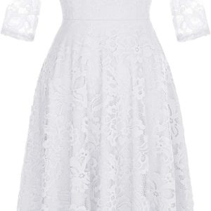 Dressystar Womens Long-Sleeve Wedding Guest Dress A-Line Lace Formal Party Cocktail Midi Dress Prom Gown