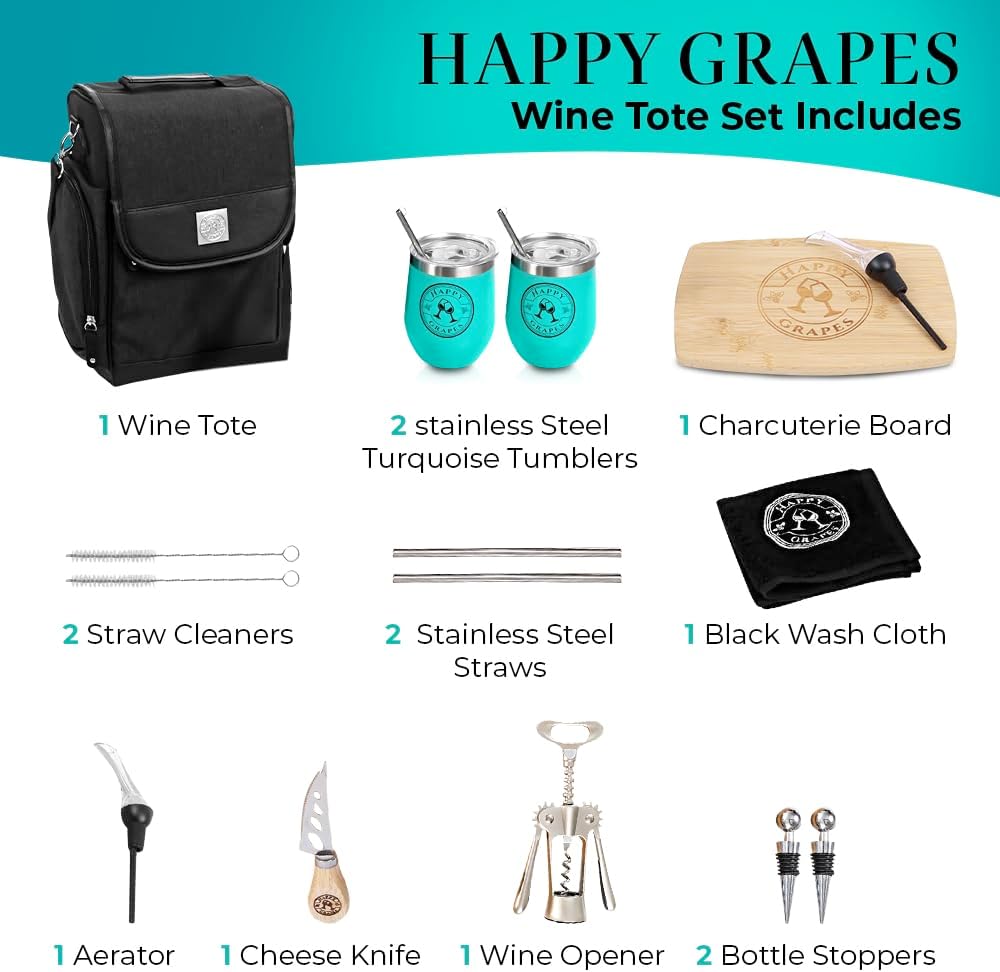 Happy Grapes Wine Tote Bag Set – Insulated Wine Carrier with 2 Stainless Steel Tumblers, Aerator, Charcuterie Board & Knife, Bottle Stoppers, Opener & Wash Cloth – for Picnics Beach Patio Pool Camp t