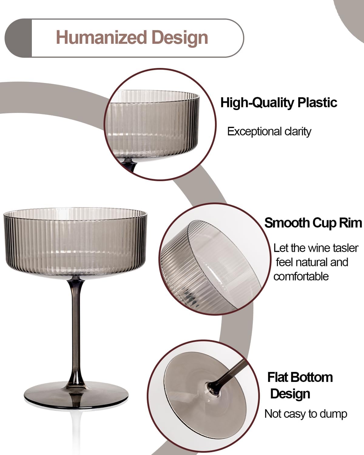 Ciaell 12PCS Plastic Ribbed Martini Glasses – 10 Oz Black Disposable Coupe Glasses with Stem – Heavy Duty Margarita Cups for Bars, Cocktails, Whiskey, Parties & Wedding & New Year