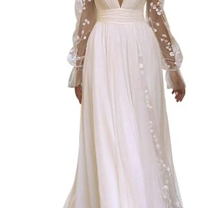 Long Sleeves Wedding Dresses for Bride Lace Chiffon A Line Long Beach Bridal Dress for Women